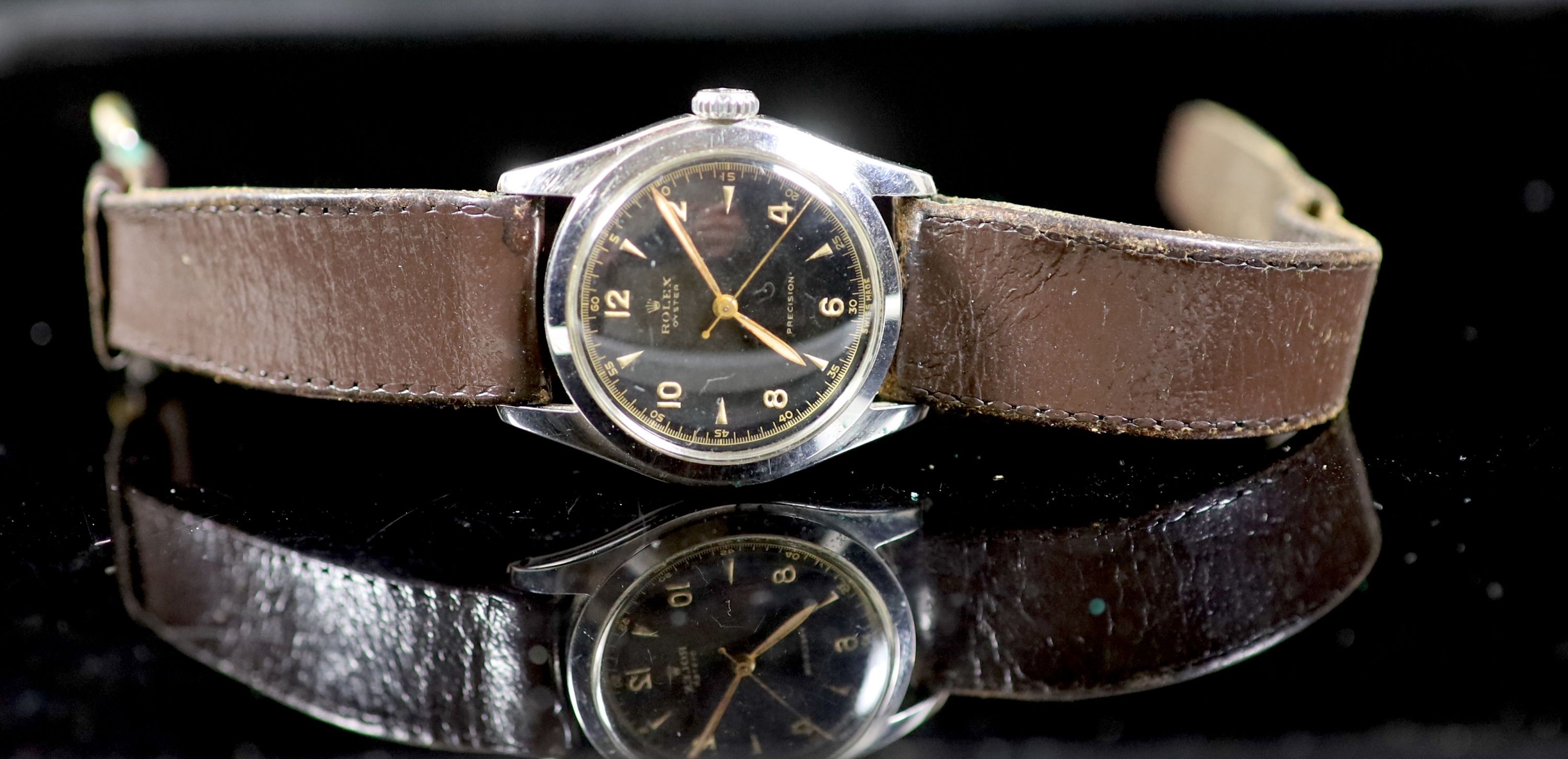 A gentleman's 1950's stainless steel Rolex Oyster precision manual wind wrist watch